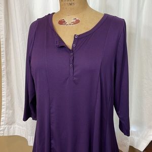Lane Bryant deep purple 3/4 sleeve, long flared tunic w henley style collar